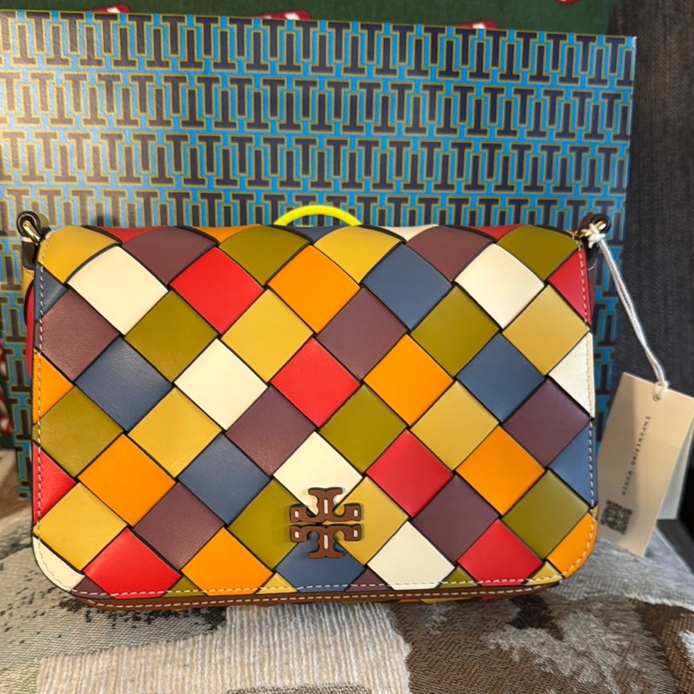 Tory Burch Vibrant Red and Blue Crossbody Bag with Geometric Design